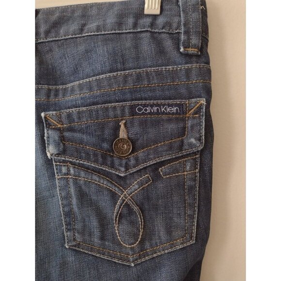 Calvin Klein Lean Bootcut Jeans Women's 8 Blue Mid Rise Stretch 33x32 Whiskered - Picture 14 of 16